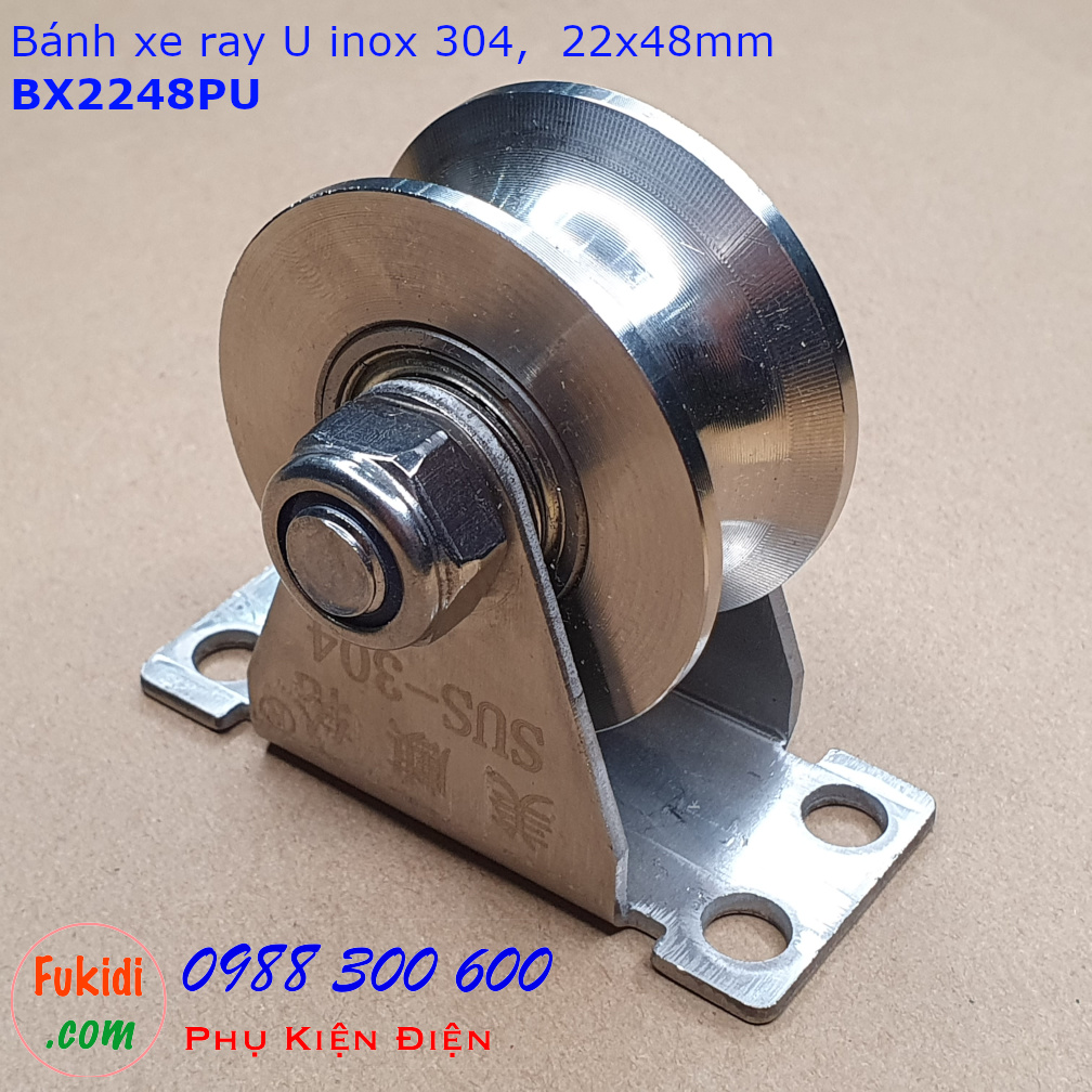 Bánh xe cửa cổng lùa inox 304 có đế treo ray u size 22x48mm bx2248pu