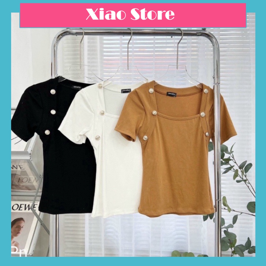 Áo kiểu nữ chất zip cao cấp cổ vuông đính khuy sang chảnh cá tính A582 Xiao shop chất đẹp hot deal xiao shop