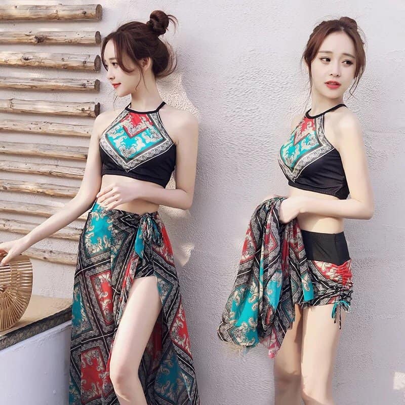 Bộ Đồ Bơi Bikini Áo Tắm Thổ Cẩm Kèm Khăn Đi Biển Hàng Nhập