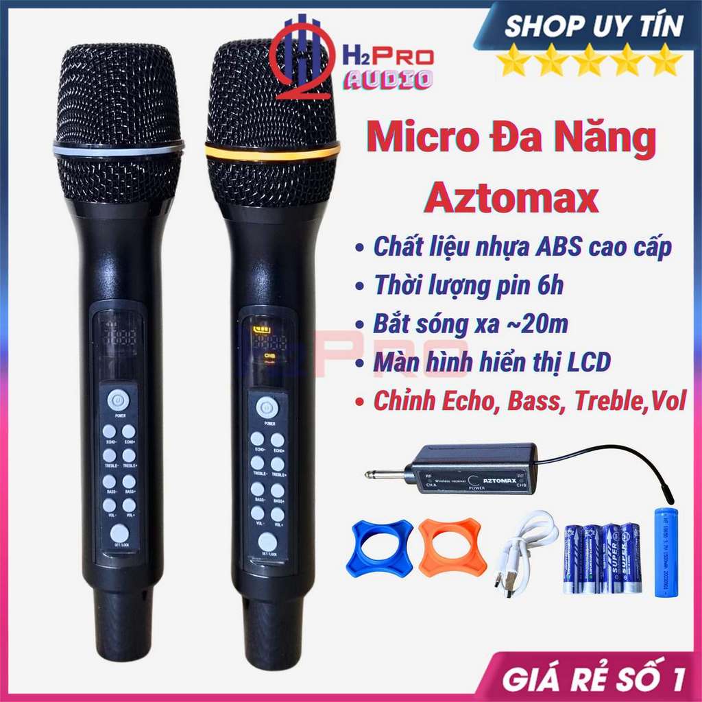 Micro Karaoke Không Dây Đa Năng Aztomax, Micro Không Dây Chỉnh Bass - Treble - Echo Trên Mic, Hát Cực Nhẹ - H2Pro Audio