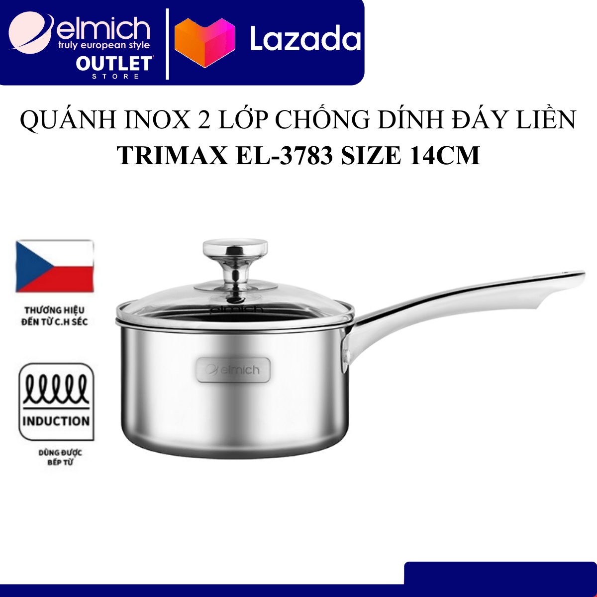 QUÁNH INOX  CHỐNG DÍNH ĐÁY LIỀN  3 LỚP ELMICH TRI-MAX  SIZE 14CM  (EL-3783)