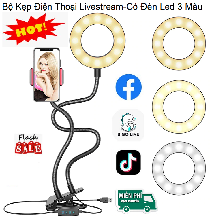 Đèn Led Kẹp Bàn Livestream, Kèm Kẹp Điện Thoại, Uốn Dẻo Đa Năng, 3 Màu Đèn, Chỉnh Sáng Tối, Đèn Make up, Kẹp bàn - Hợp kim chắc chắn