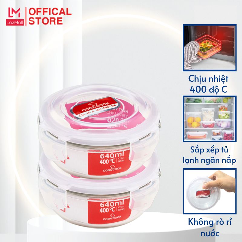 Bộ 2 hộp tròn mang cơm thức ăn trữ thực phẩm thủy tinh chịu nhiệt coba'cook 640ml- ccr62