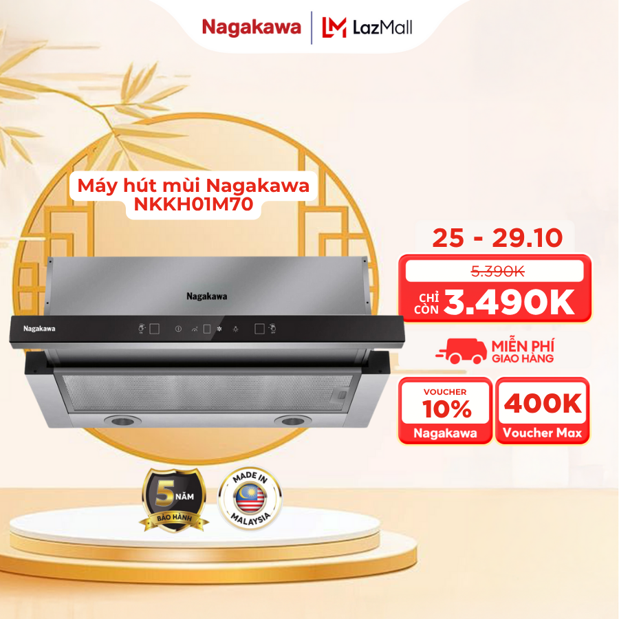 Máy hút mùi cao cấp Nagakawa NKKH01M70 - Bảo hành 5 năm - Made in Malaysia
