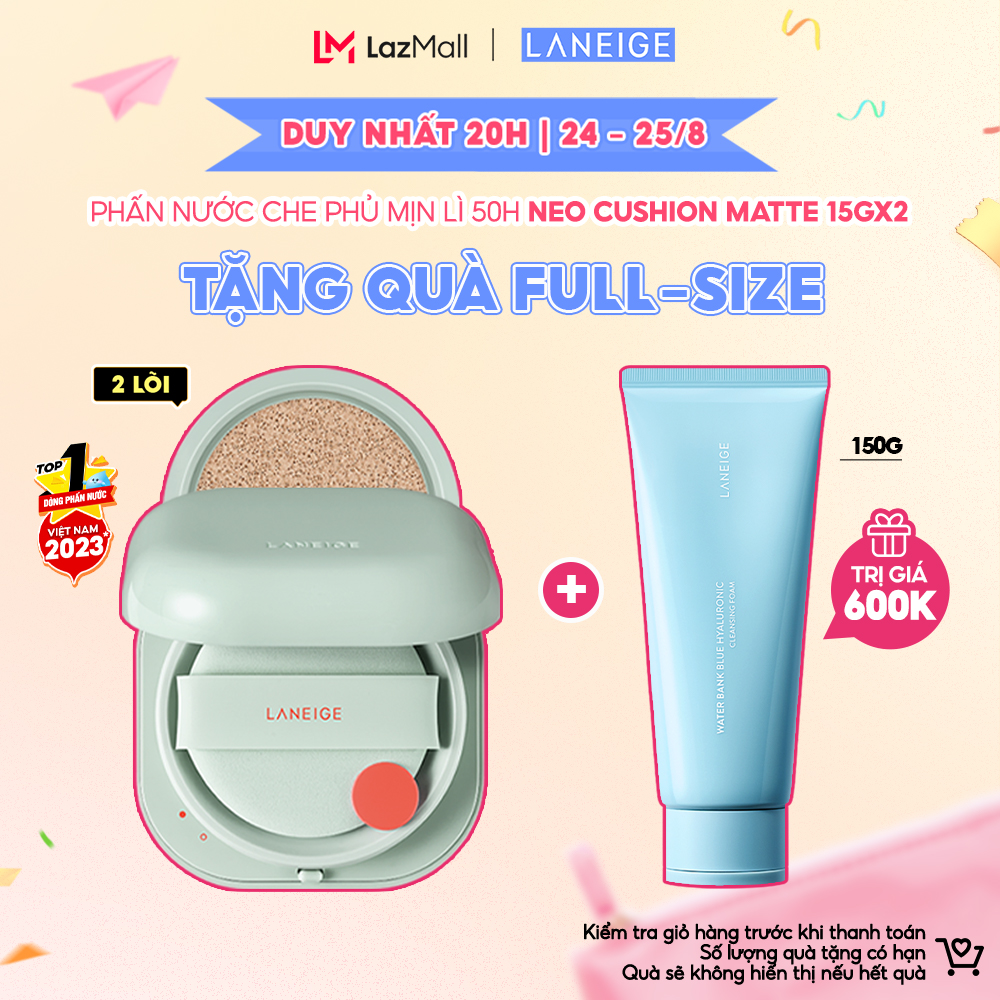 [Tặng Sữa Rửa Mặt FULLSIZE] Phấn Nước Che Phủ Mịn Lì 50H Laneige Neo Cushion Matte 15G + Kèm Lõi
