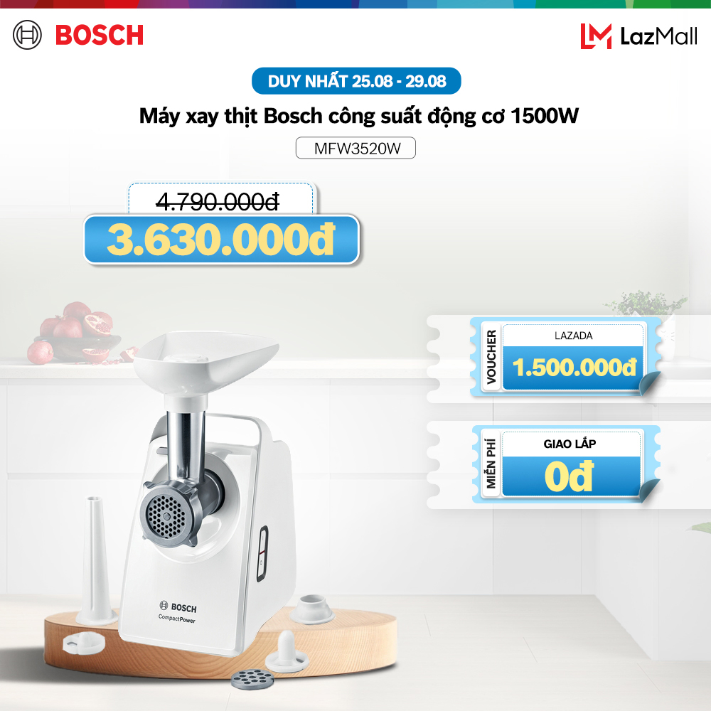 Máy xay thịt bosch mfw3520w công suất động cơ 1500w, công suất hoạt động 500w - hàng chính hãng