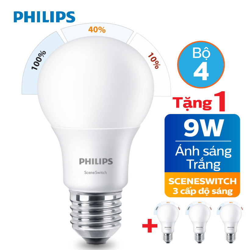 Combo mua 4 tặng 1 bóng đèn led philips scene switch 9w 3 cấp độ chiếu sáng 6500k e27 a60 - ánh sáng trắng