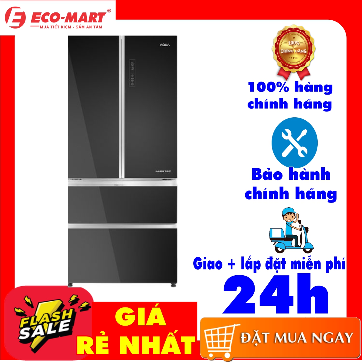 Tủ lạnh Aqua 4 cửa màu đen 592/542 lít AQR-IG656AM Inverter tiết kiệm điện Bảng điều khiển cảm ứng Chức năng diệt khuẩn khử mùi