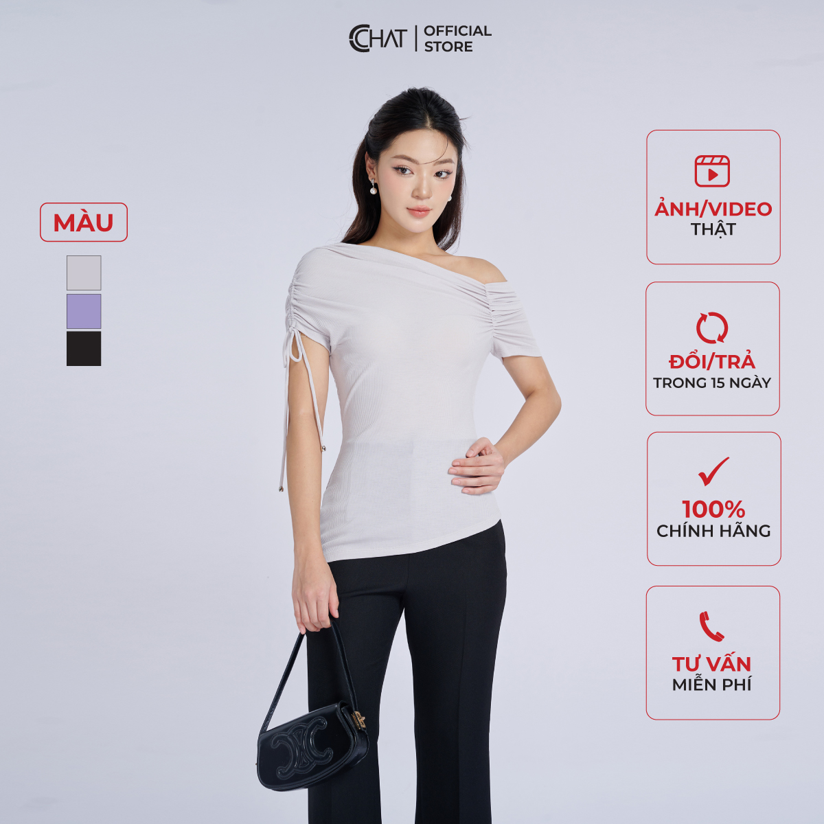 Áo thun nữ cchat nhún lệch vai dây chất thun cao cấp 53tnc2044ot