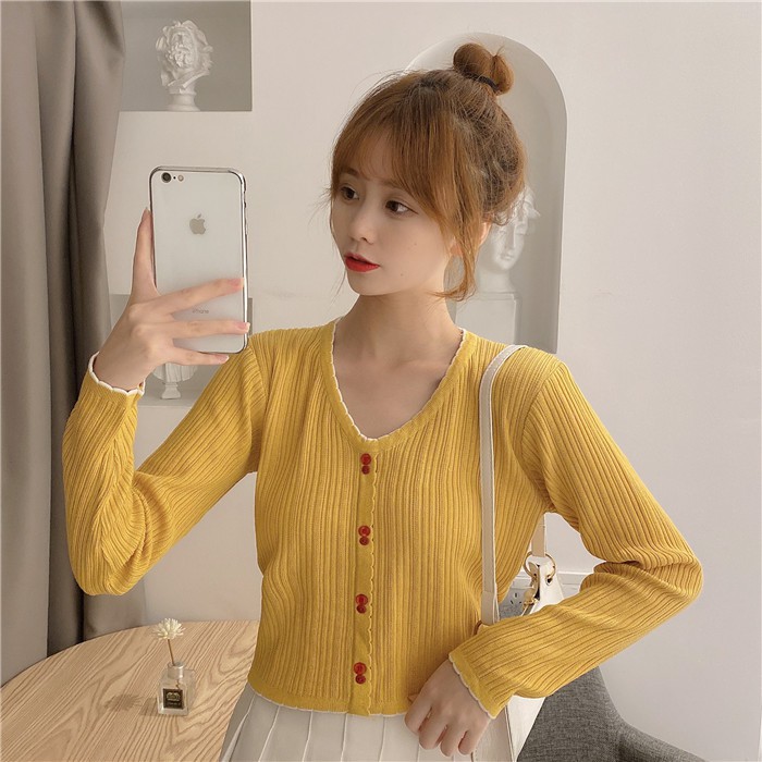 Áo thun tay dài cổ tim fom croptop body kèm nút
