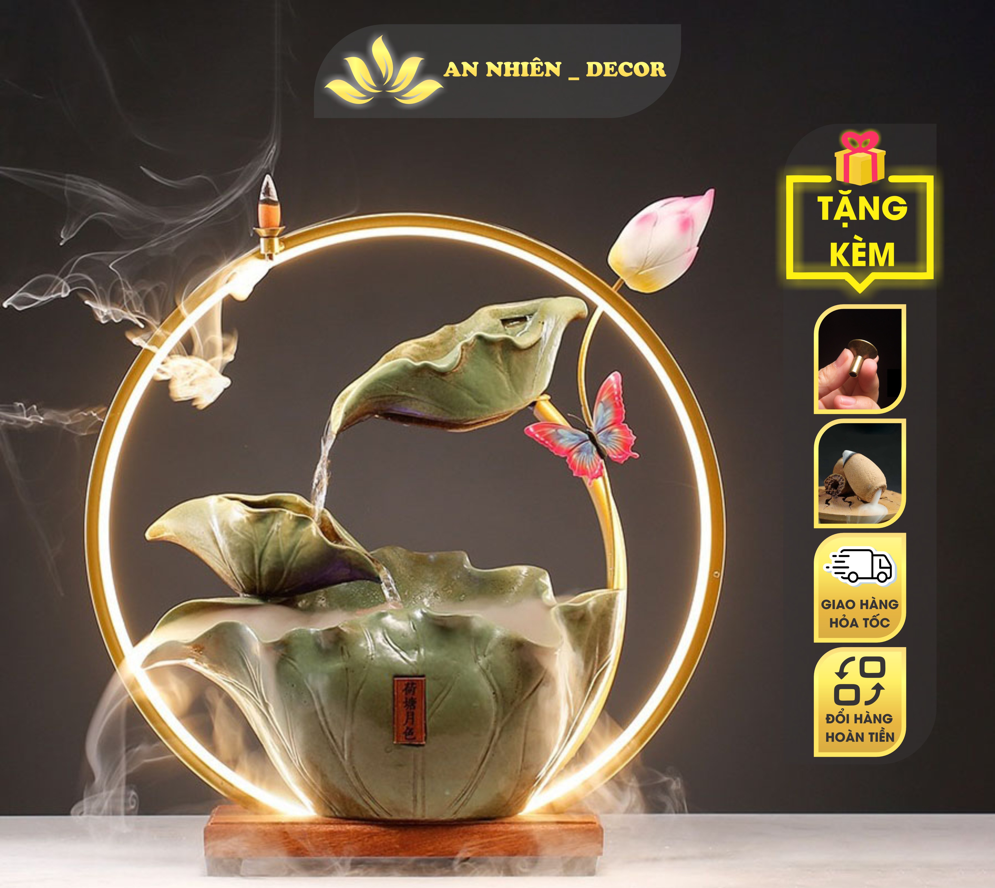 Thác khói trầm hương, thác nước phong thủy, trang trí nhà cửa, tặng kèm nụ trầm khói ngược