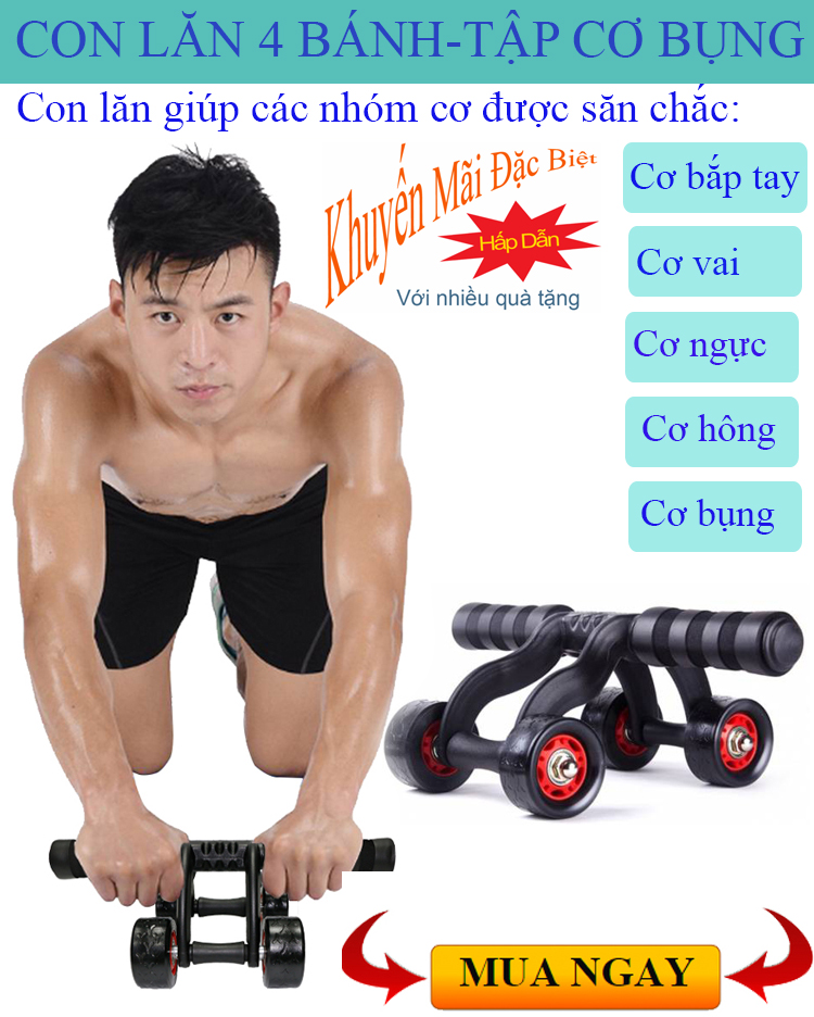 Con Lăn Tập Bụng 4 Bánh, Cách Tập Con Lăn Tập Bụng 4 Bánh, Con Lăn Cơ Bụng 4 Bánh, Bài Tập Con Lăn 4 Bánh-Thiết kế chắc chắn, chịu lực lên đến 120 kg; Tăng Cơ rắn chắc: Cơ bụng, cơ eo, cơ vai, cơ tay. GIÁ CỰC HẤP DẪN-MUA NGAY!!!