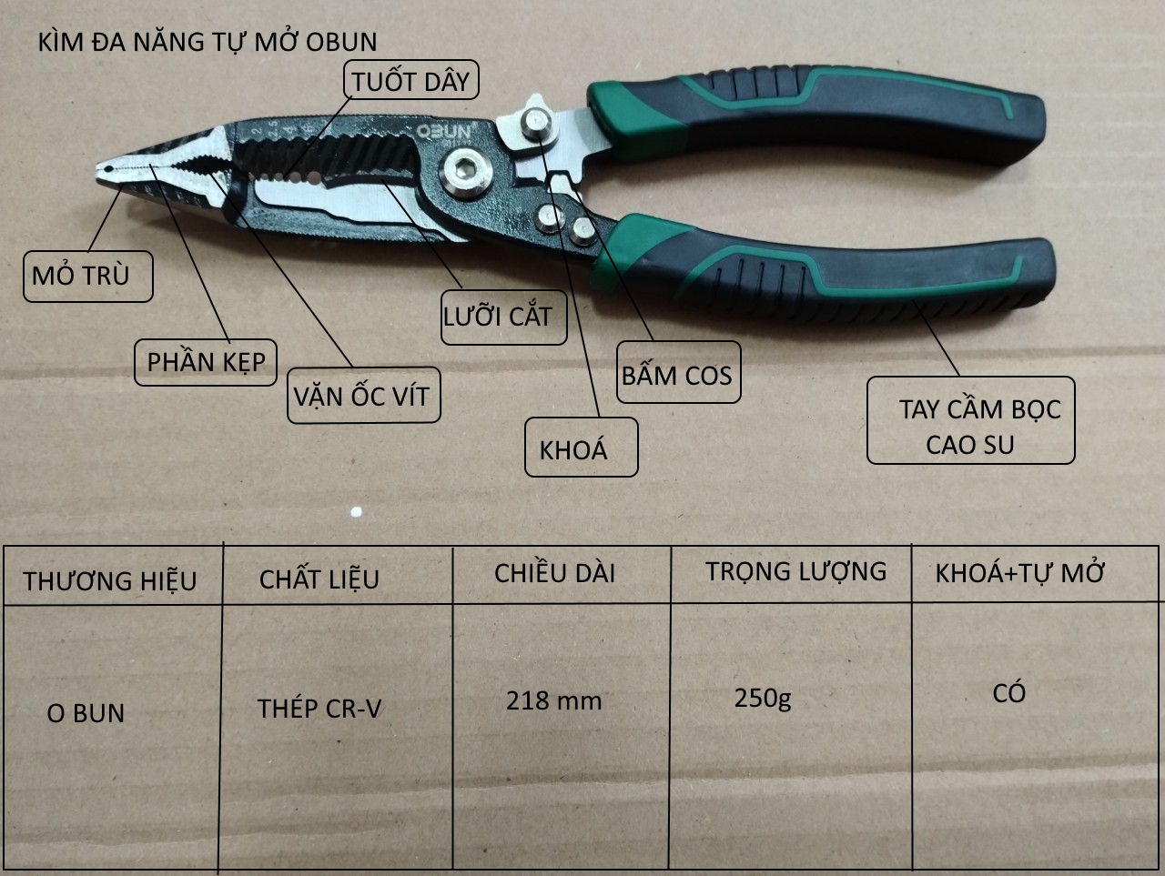 Kìm kiềm đa năng chất thép CRV thợ điện chuyên nghiệp, cắt dây điện, tách , tước vỏ dây điện,bấm cos, uốn cong,vặn bu lông ốc vít,tích hợp nhiều chức năng