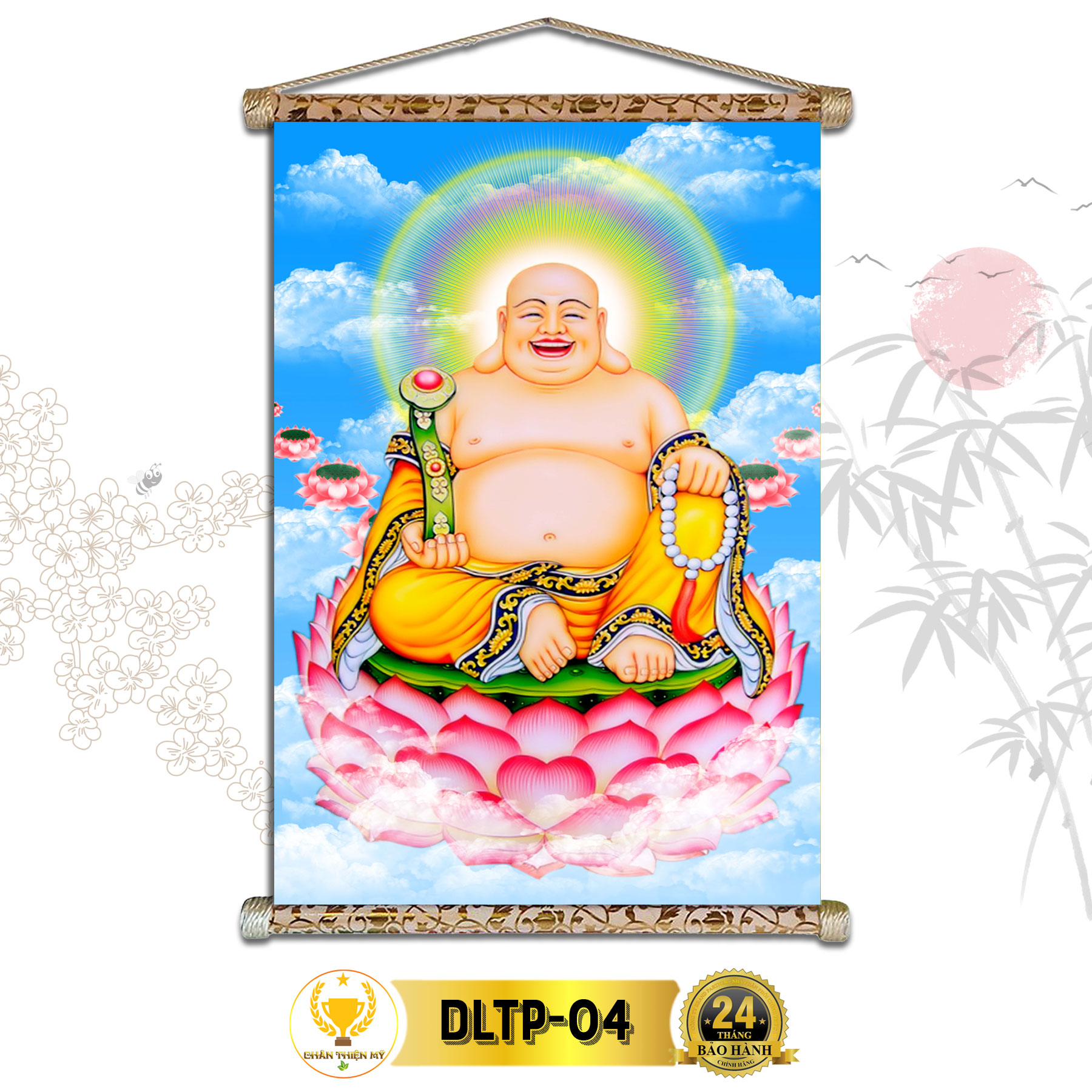 Tranh Phật Treo Tường Phật Di Lặc CHÂN THIỆN MỸ, Chất Liệu Vải Lụa Kim Sa Khung Gỗ 40x60cm DLTP-04
