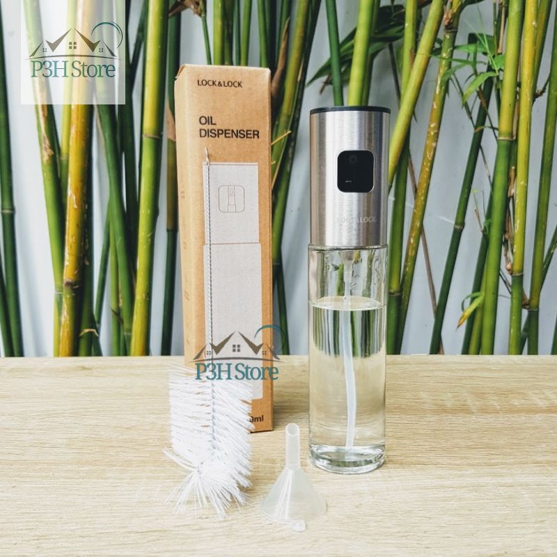 Bình xịt dầu ăn thủy tinh nắp inox Lock&Lock dung tích 100ml kèm phễu rót và cọ rửa CKO109 sử dụng kèm với nồi chiên không dầu , món nướng, salad