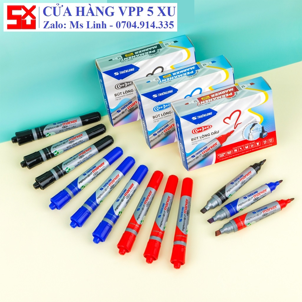 10 cây bút lông dầu thiên long pm-09 - mực xanh/đỏ/đen