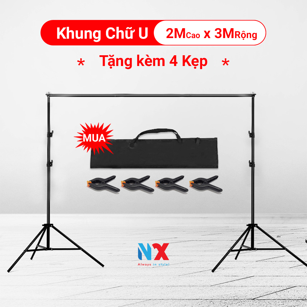 Combo Khung giá treo phông nền chữ U dùng trong studio kích thước 2x3m Tặng kèm 4 kẹp phông nền và Khung chữ T tặng kèm 2 kẹp