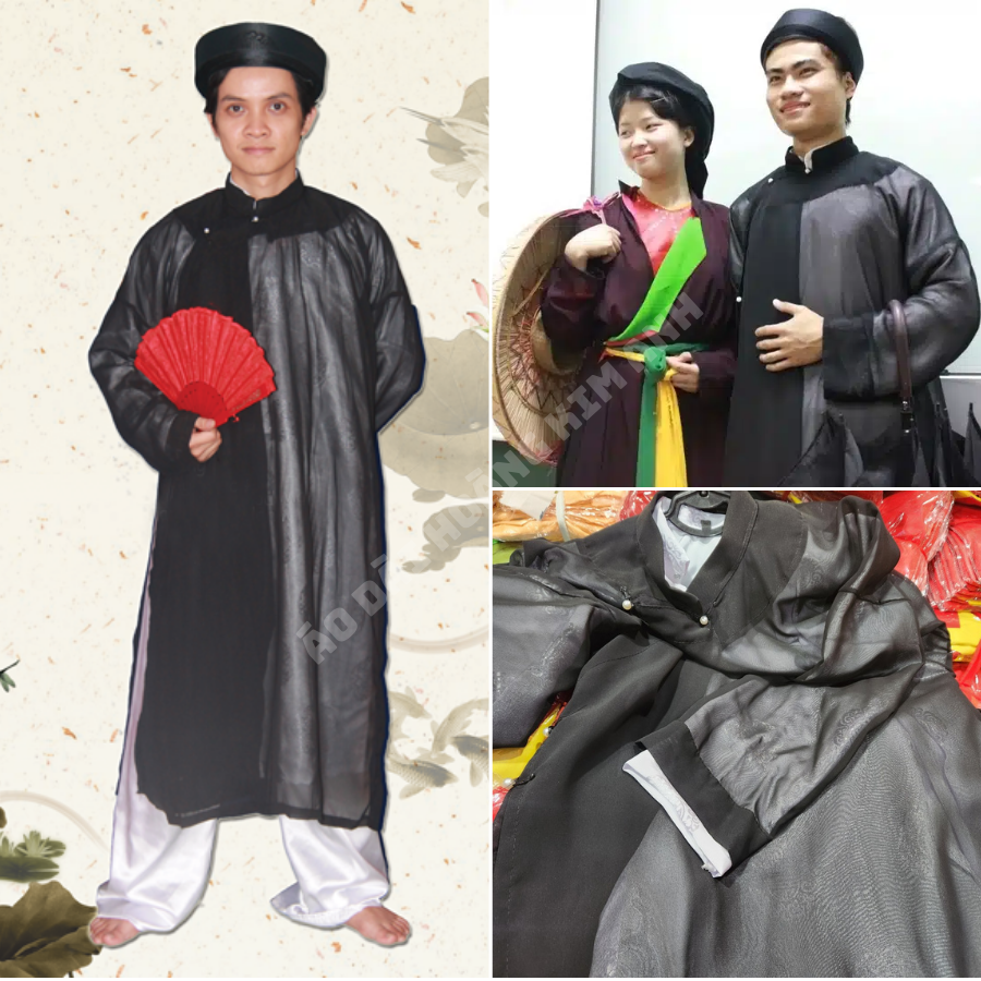 Áo dài nam truyền thống xưa tứ thân màu Đen kèm mấn đội đầu, Áo dài the thầy đồ biểu diễn văn nghệ hát quan họ