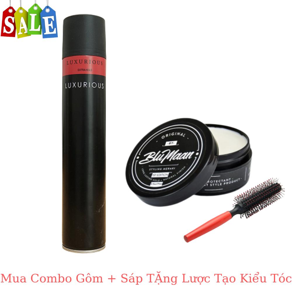 Combo gôm + sáp blumaan, tặng lược tạo kiểu tóc, gôm xịt tóc luxurious- keo xịt tóc- gôm xịt giữ nếp tóc cho nam nữ 415ml- hương thơm tự nhiên không bết dính- không độc hại- giá hủy diệt- khuyến mại lớn