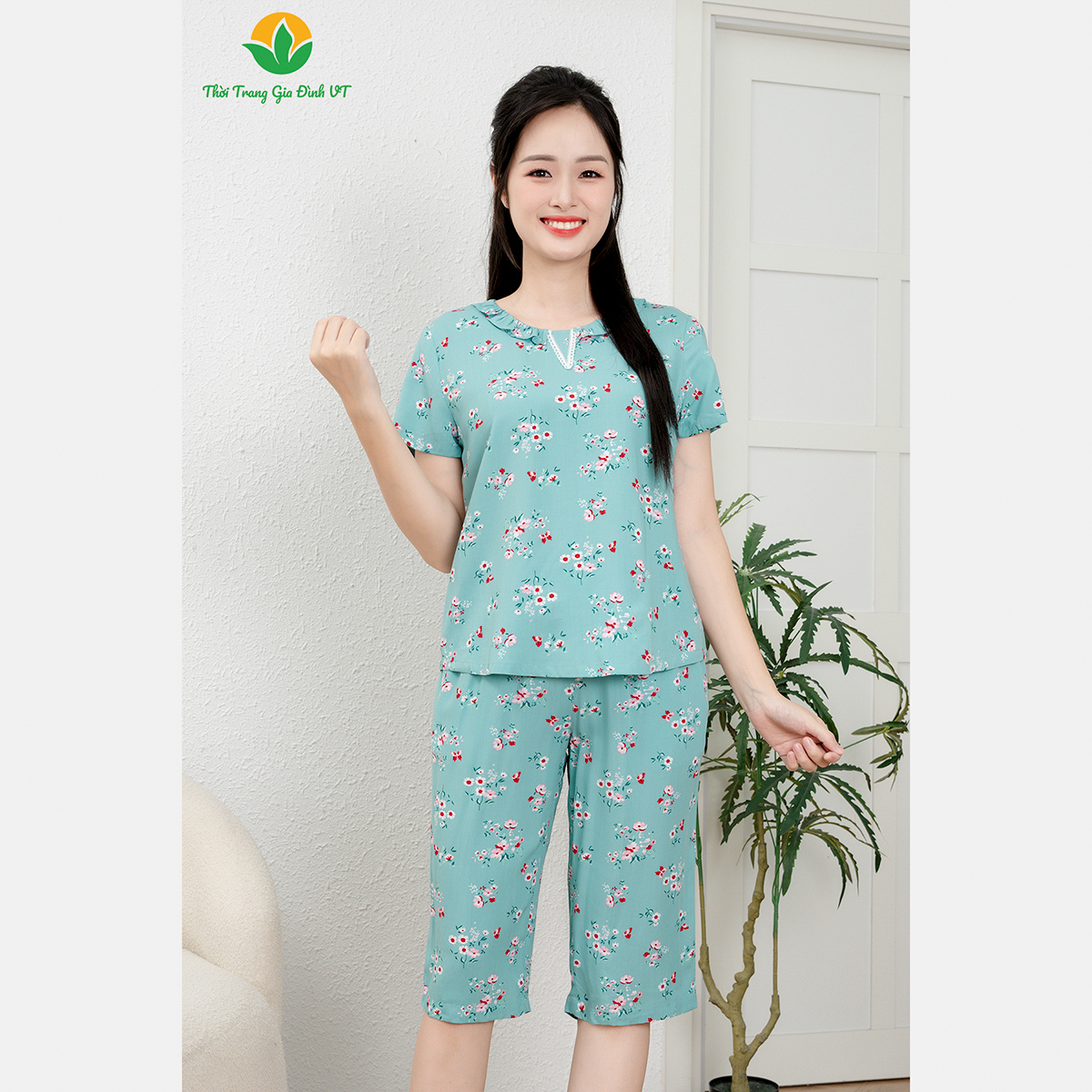 Bộ đồ mặc tại nhà nữ việt thắng, quần lửng, áo cộc tay - chất lanh - b06.2408