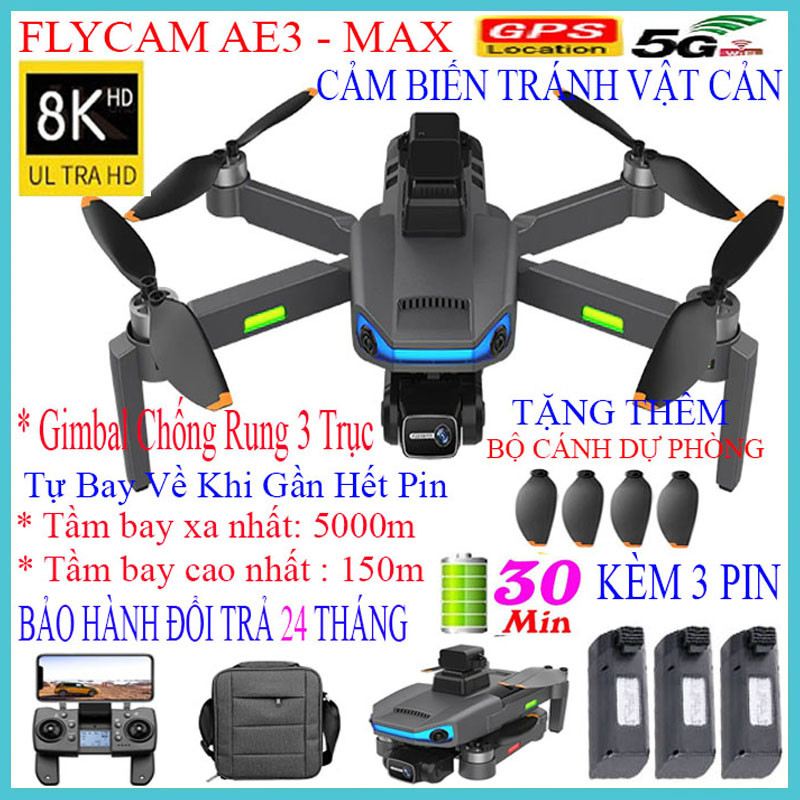 Flycam AE3 Pro Drone 8K HD Camera Kép Có Định Vị WiFi Pin Khỏe Bay Xa 5000M, Máy bay 4 cánh flycam Mini, Play cam camera full HD siêu nét, Flycam mini tốt hơn flycam f11s pro 4k, Pin cực trâu cho thời gian bay 30p