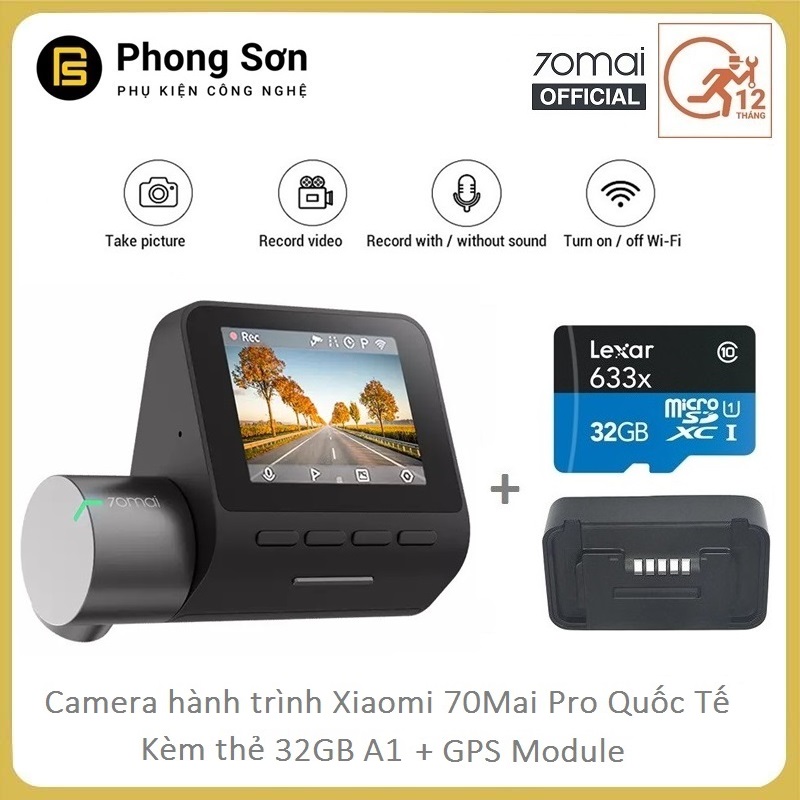Camera Hành Trình  Xiaomi 70mai Dash Camera Pro + Module GPS + Kèm Thẻ A1 32GB Lexar - PHIÊN BẢN QUỐC TẾ ( Full box 100% Tiếng Anh )