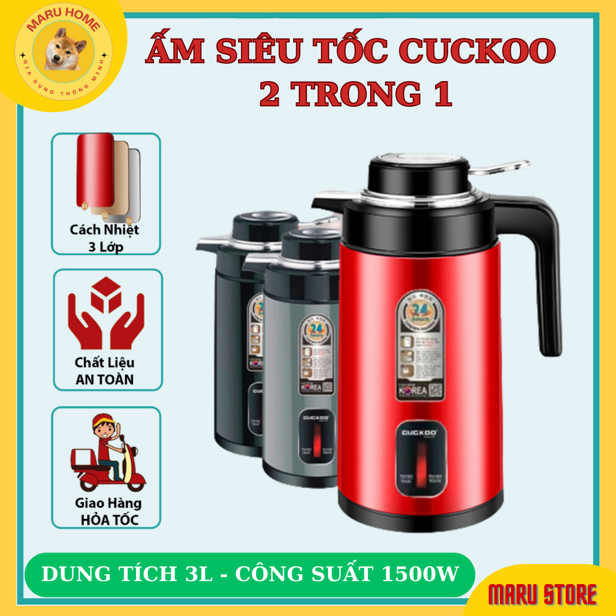 Ấm siêu tốc cuckoo 2 trong 1 gd-st21 dung tích 3l công suất 1500w ủ nóng đun nước siêu tốc