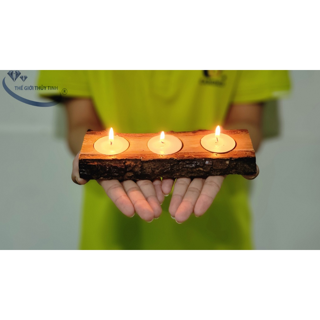 Chân đế gỗ đựng 3 nến tealight - gỗ thiên nhiên