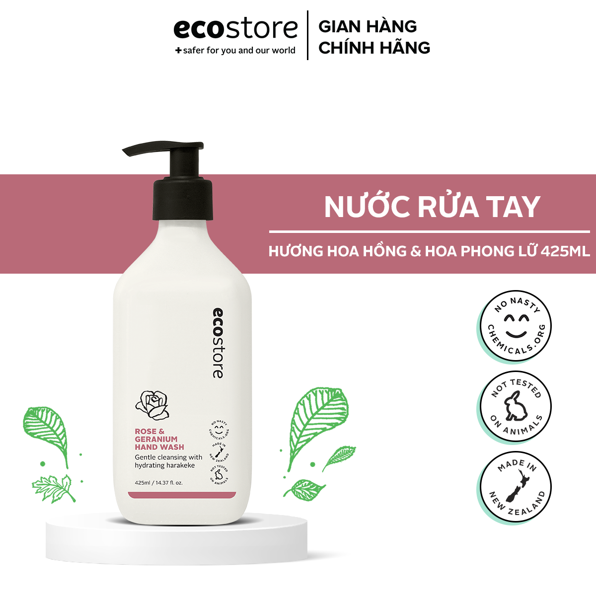 Nước rửa tay gốc thực vật ECOSTORE 425ml diệt khuẩn - dưỡng ẩm - không khô da - Hương Hoa hồng & Phong lữ