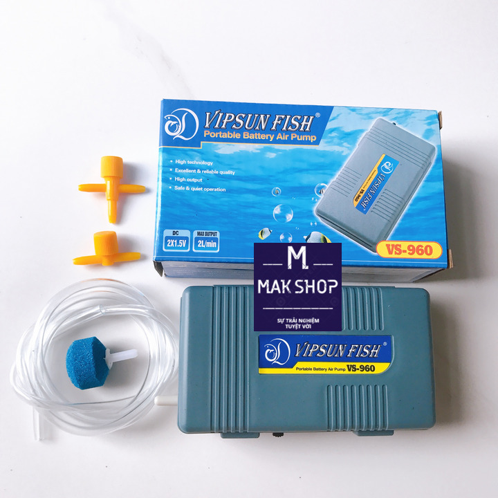 [Tặng 4 món] Máy Sủi Oxi Pin Cho Hồ Cá Cảnh VS-960, Chưa Có Pin, Tặng Thêm 1m dây oxi, 1 Van T, 1 Van Ngang, 1 viên sủi sơ cua, Đề Phòng Cúp Điện