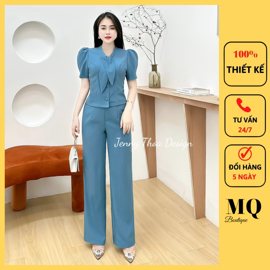 Sét cộc bộ kiểu nữ áo tay bồng cổ nơ quần dài tây thiết kế sang chảnh cao cấp bộ thiết kế mq boutique