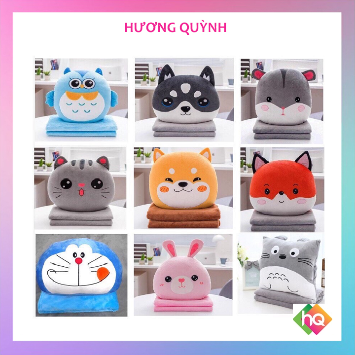 (HQ)Chăn gối gấu bông Cú xanh, Mèo, Cún 2in1 siêu đáng yêu