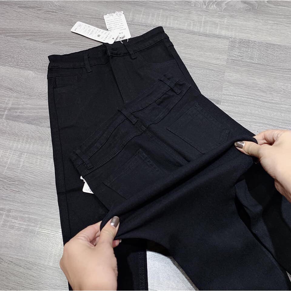 Quần jean ống loe lưng cao màu đen trơn vải jean giấy co giãn cao