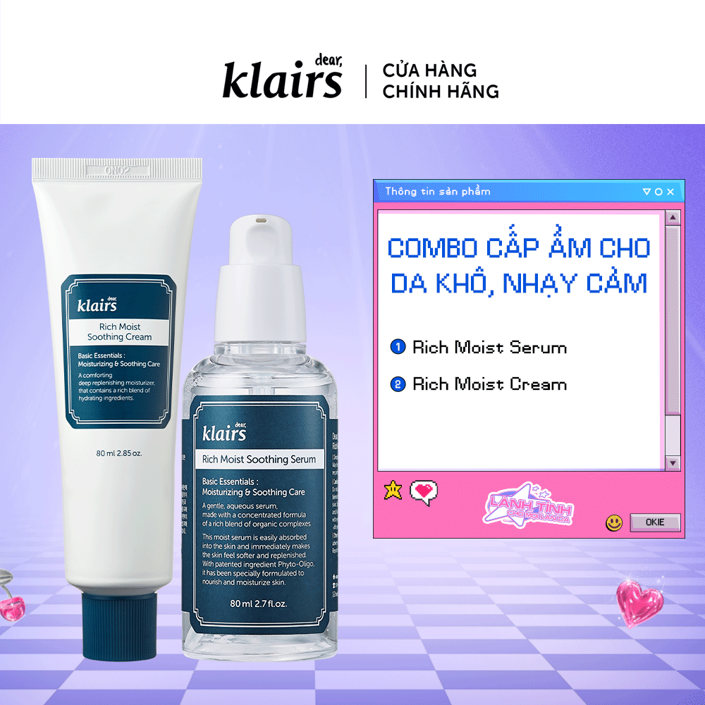 Combo Dear, Klairs tinh chất Rich Moist Soothing Serum 80ml + Dear, Klairs Kem dưỡng Rich Moist Soothing Cream 80ml