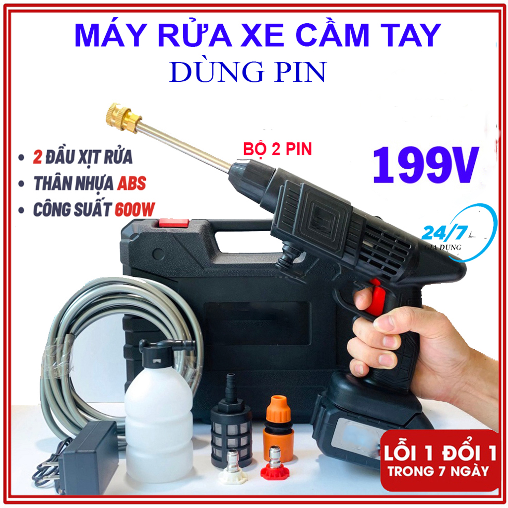 Máy rửa xe cầm tay dùng pin 199V, Máy rửa xe 2 pin 199V, Áp lực mạnh mẽ, pin 32000mAh sạc bền bỉ, 3 chế độ phun rửa, Chuyên sử dụng vệ sinh ô tô, xe máy, vật Dụng Gia Đình, Máy rửa xe mimi, máy rửa xe ap lực cao