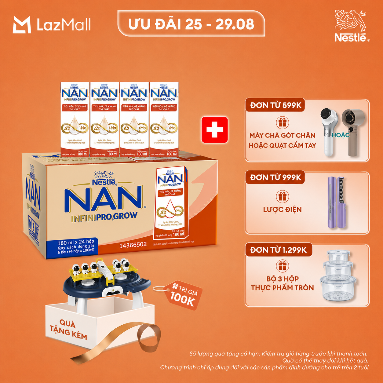 [CHỈ 25-29.08 QT ĐƠN 599K/999K/1299K] [Tặng Đồ chơi bàn học làm toán cân bằng] Thùng 24 hộp sữa pha sẵn Nestle NAN INFINIPRO GROW với công thức vượt trội kết hợp sữa A2 và HMO hỗ trợ tiêu hóa, đề kháng và phát triển thể chất (4x180ml)