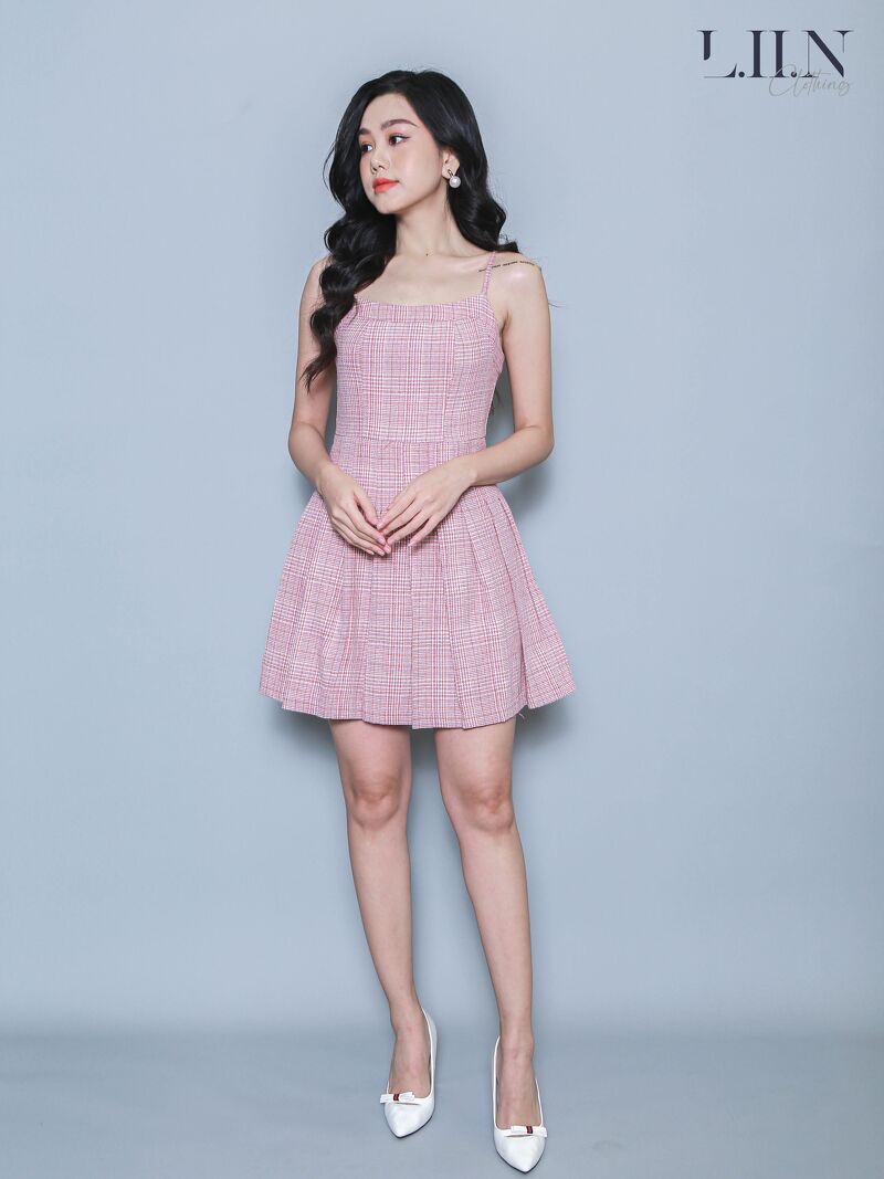 Đầm váy kẻ màu hồng 2 dây cực xinh linbi d6204