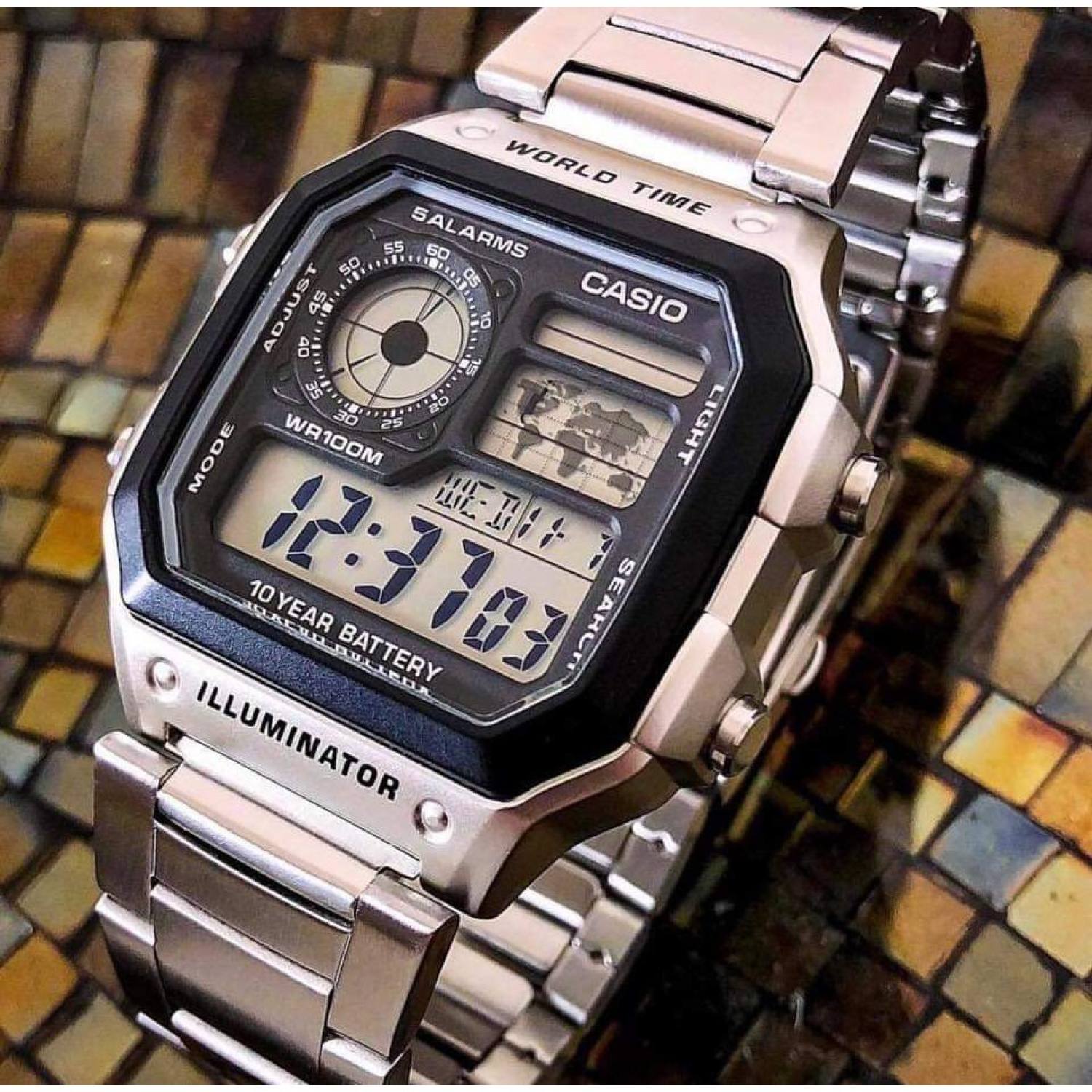 Đồng Hồ Nam Casio AE-1200 Worldtime, Kiểu Dáng Classic Chống Nước, Dây Thép Không Gỉ, Bảo Hành 12 Tháng