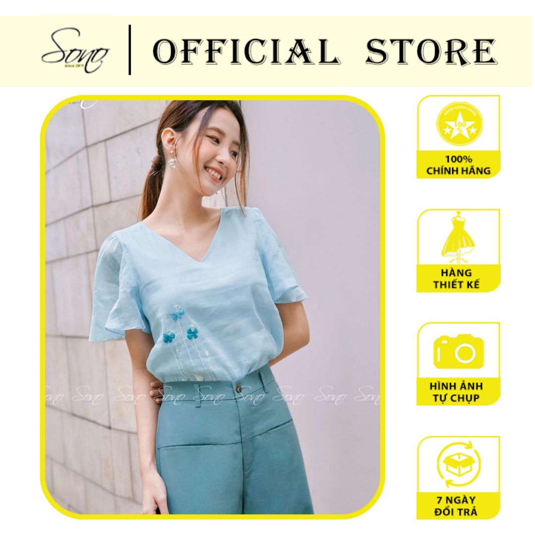 Áo kiểu chất linen tơ xanh thêu tay cổ tim hàng thiết kế cao cấp
