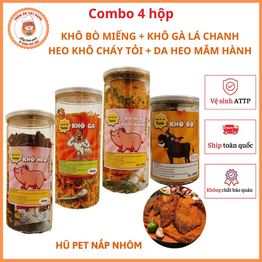 Combo 4 hộp heo khô cháy tỏi + khô gà lá chanh hũ pet 300gram + da heo mắm hành hũ pet 170gram + khô bò miếng hũ pet 200gram, siêu ngon - đậm vị, trùm ăn vặt nana