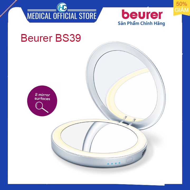 Gương trang điểm để bàn phóng to 3 lần có đèn led, kiêm sạc dự phòng Beurer BS39 (3.000 mAh)