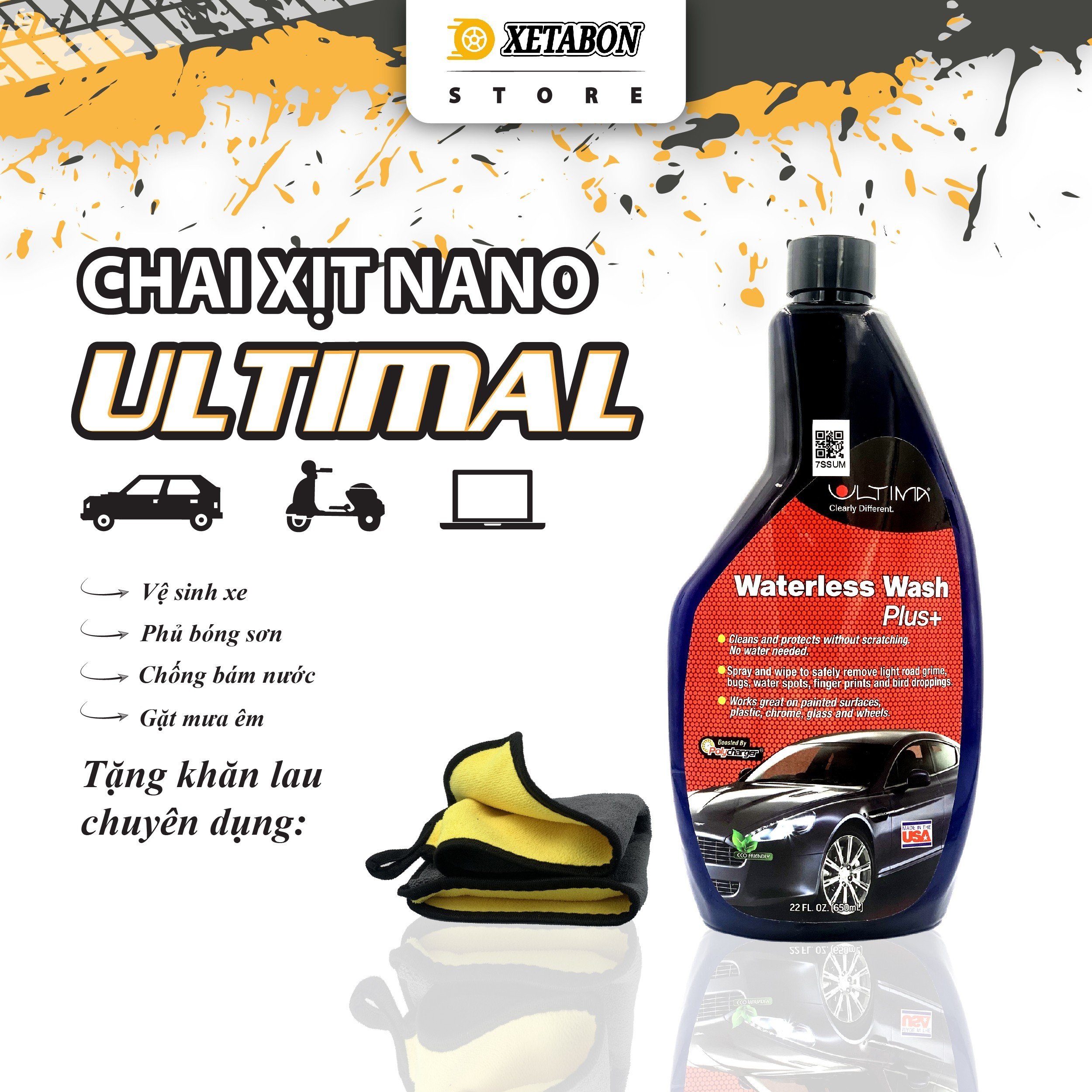 Chai xịt nano dẻo Ultima 650ml Vệ sinh + Phủ bóng kính ô tô, Chống bám nước kính cho ô tô. Tặng khăn chuyên dụng