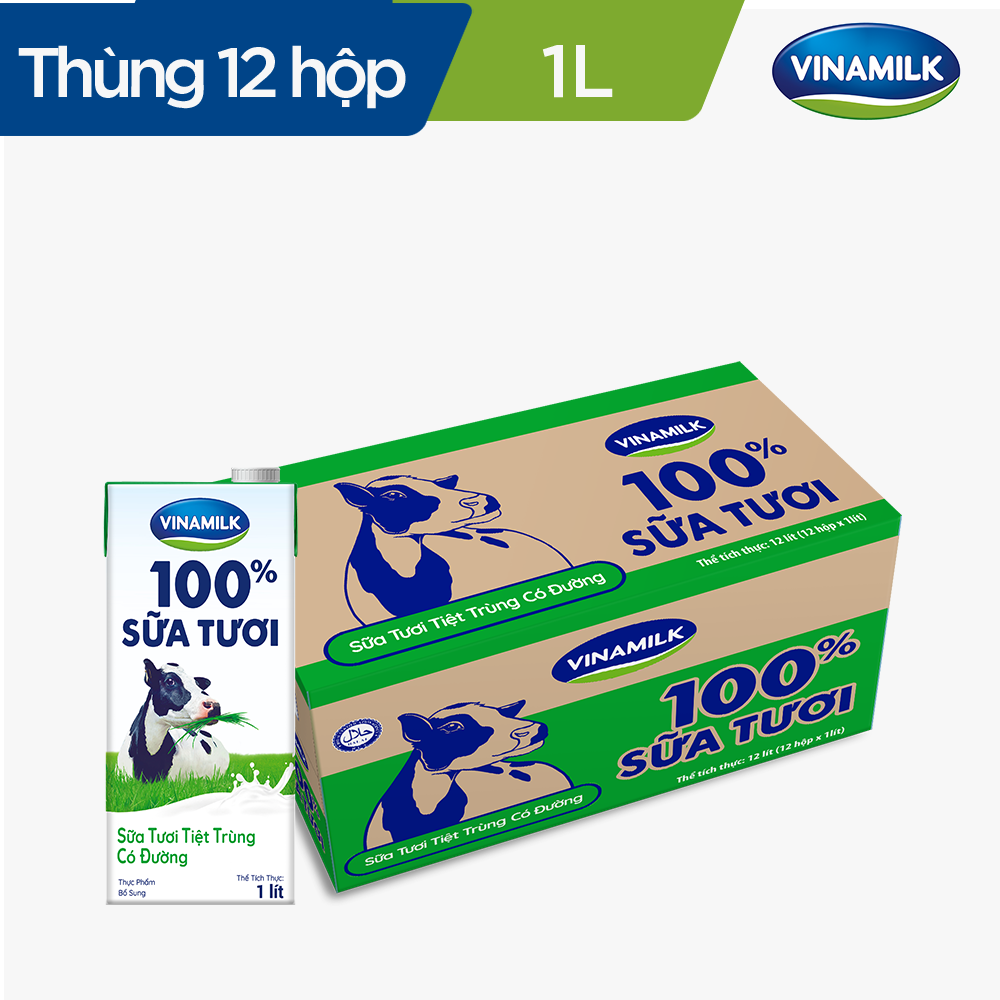 Sữa tươi tiệt trùng Vinamilk 100% có đường - Thùng 12 hộp 1L