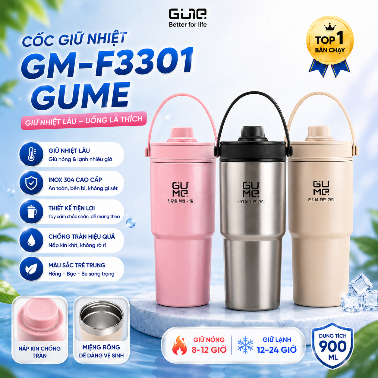 Cốc Giữ Nhiệt GUME GM-F3301 Chính Hãng – Inox 304, Nắp Chống Tràn
