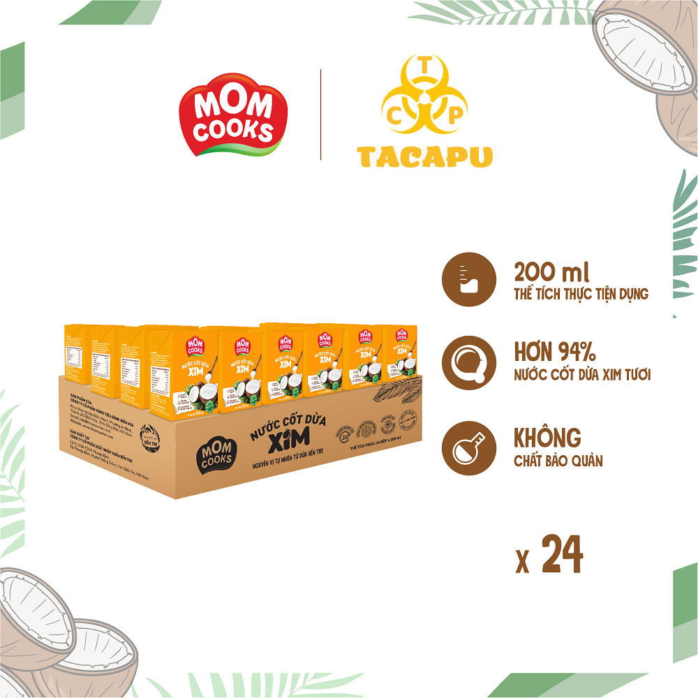 Thùng 24 hộp nước cốt dừa nguyên chất 100% hộp 200ml thương hiệu MOM COOKS - TACAPU