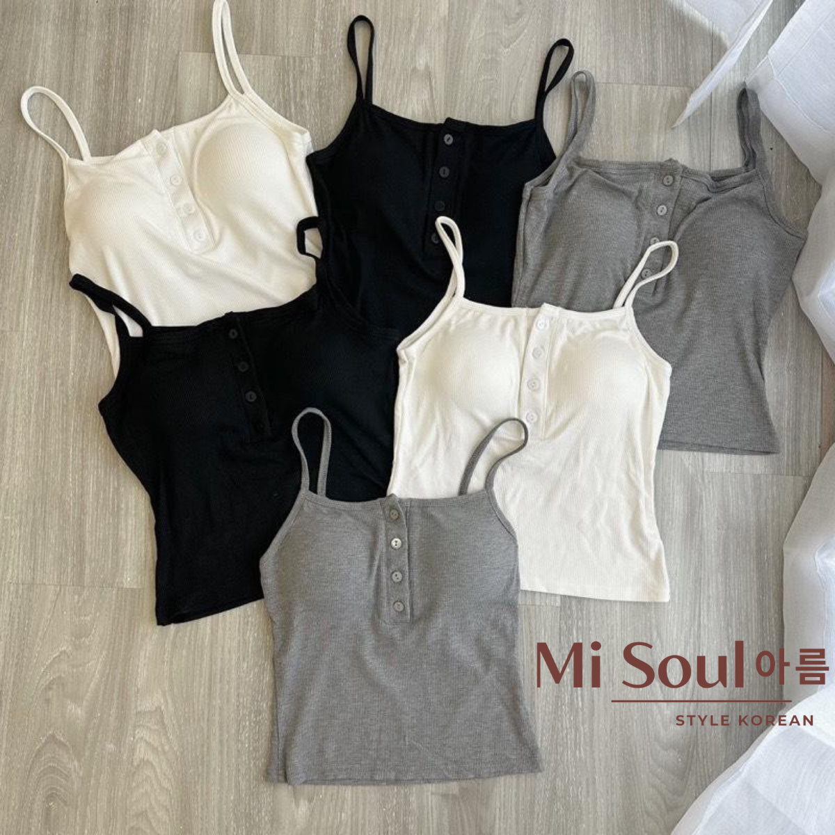 Áo Hai Dây Có Đệm Ngực Phối Khuy Cài Chất Liệu Tăm Lạnh Siêu Mát, Áo TankTop Hở Cổ MiSoul 299