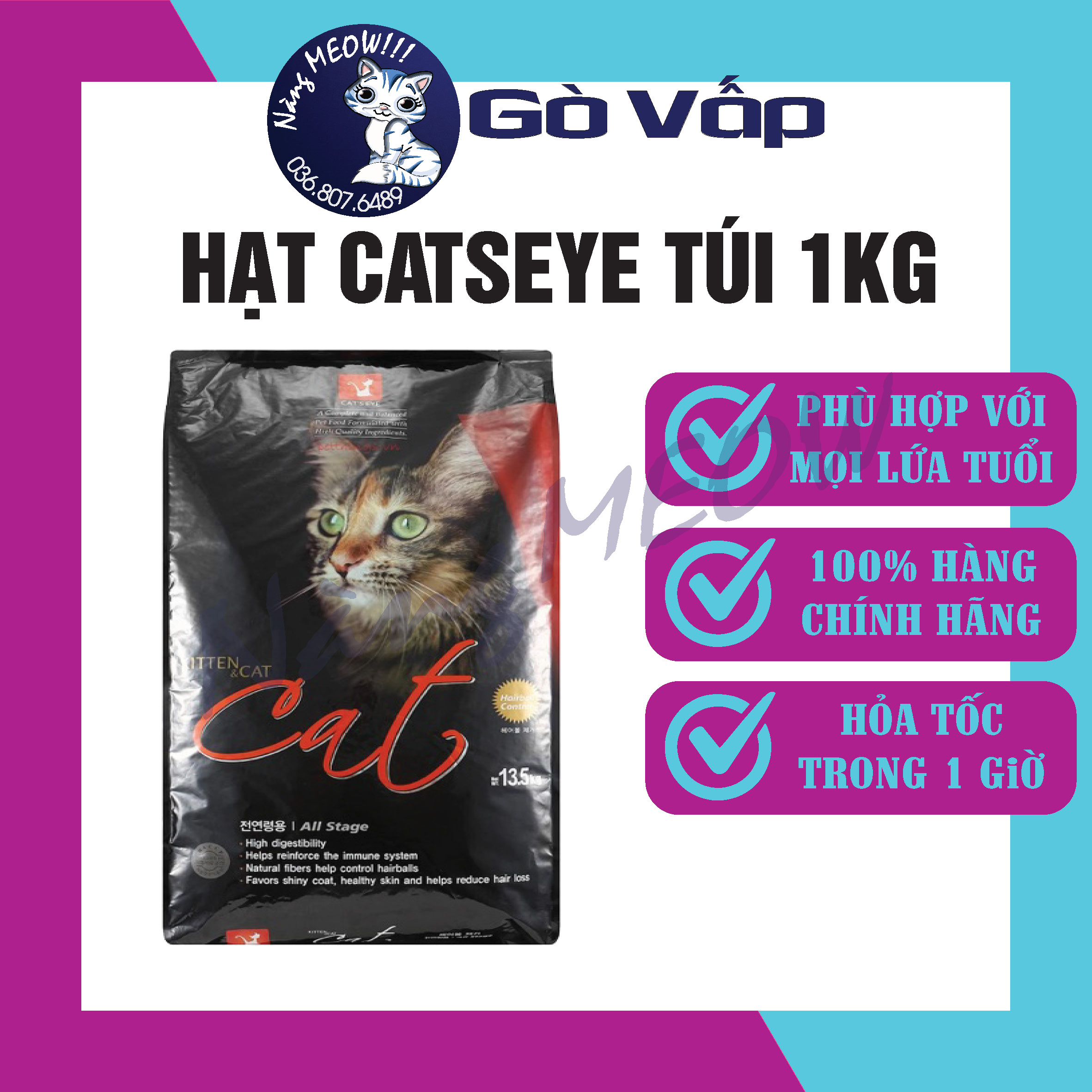 Thức ăn hạt khô cho mèo Cateye lẻ 1KG