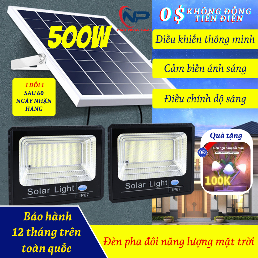 Đèn led năng lượng mặt trờiđèn năng lượng mặt trời ngoài sân trong nhà pha đôi 300W500W đèn cảm biến tự động sángđiều khiển chống nước IP67dùng làm đèn trang trí chiếu sáng biển hiệu sân vườnBH 1 năm shopnhatphong