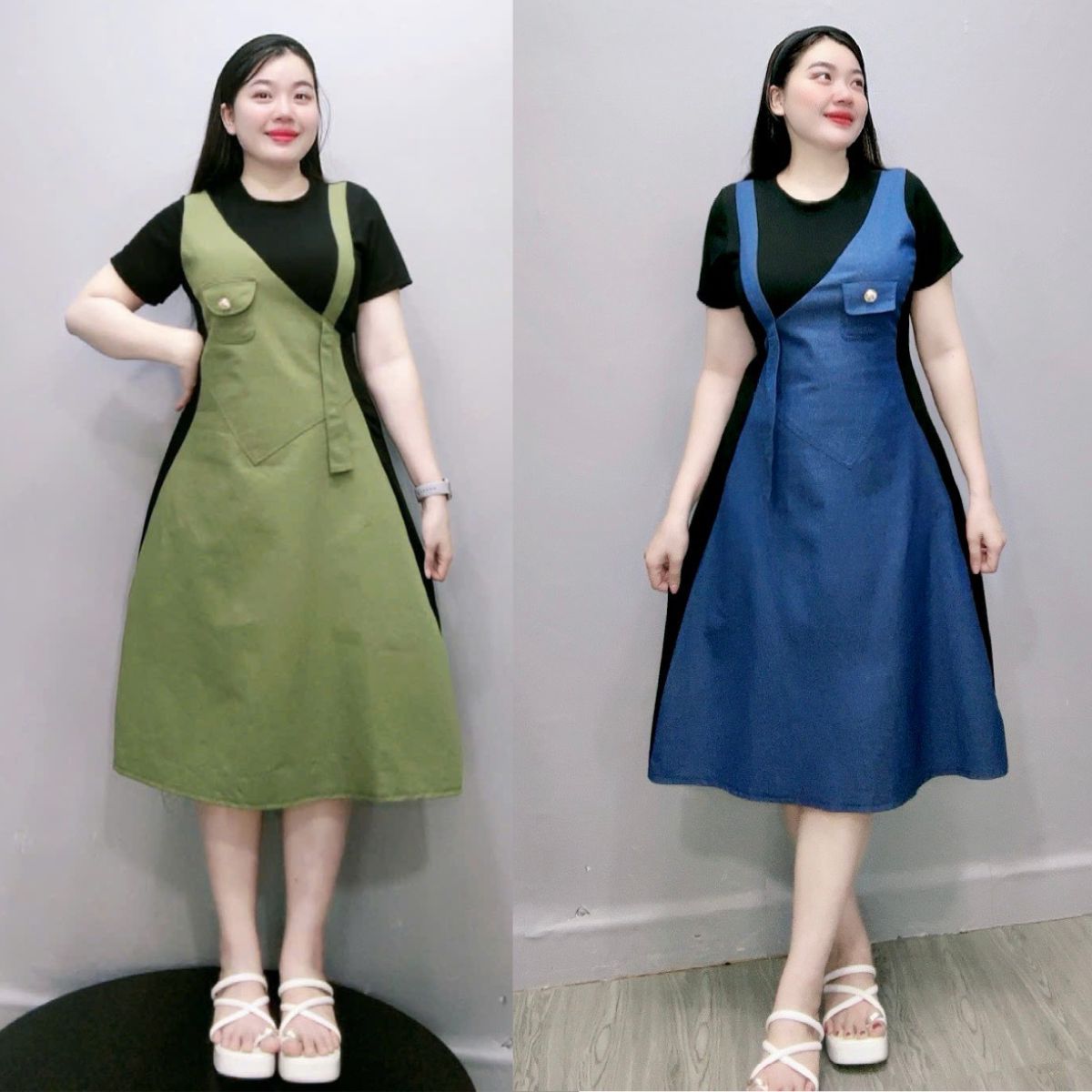 Đầm jean bigsize nữ phối  gân tăm co giãn cách điệu tôn dáng eo thon gọn dành cho chuppy 50-90kg G671.G672- ĐẦM JEAN NỮ