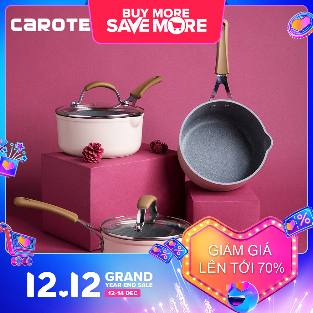 Chảo Nấu Sốt Quánh Chống Dính CAROTE® Bio Pink Saucepan 16/18cm Màu Hồng Có Nắp Đậy Phù Hợp Mọi Loại Bếp Bao Gồm Bếp Từ
